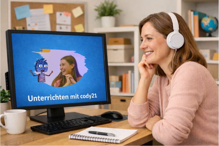 Lehrerin nimmt an einer online cody-Fortbildung teil.
